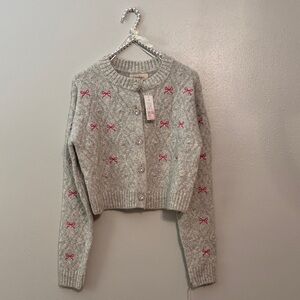 Jessica Simpson Gray Cardigan with Pink Bows & Rhinestone Buttons Sz Small